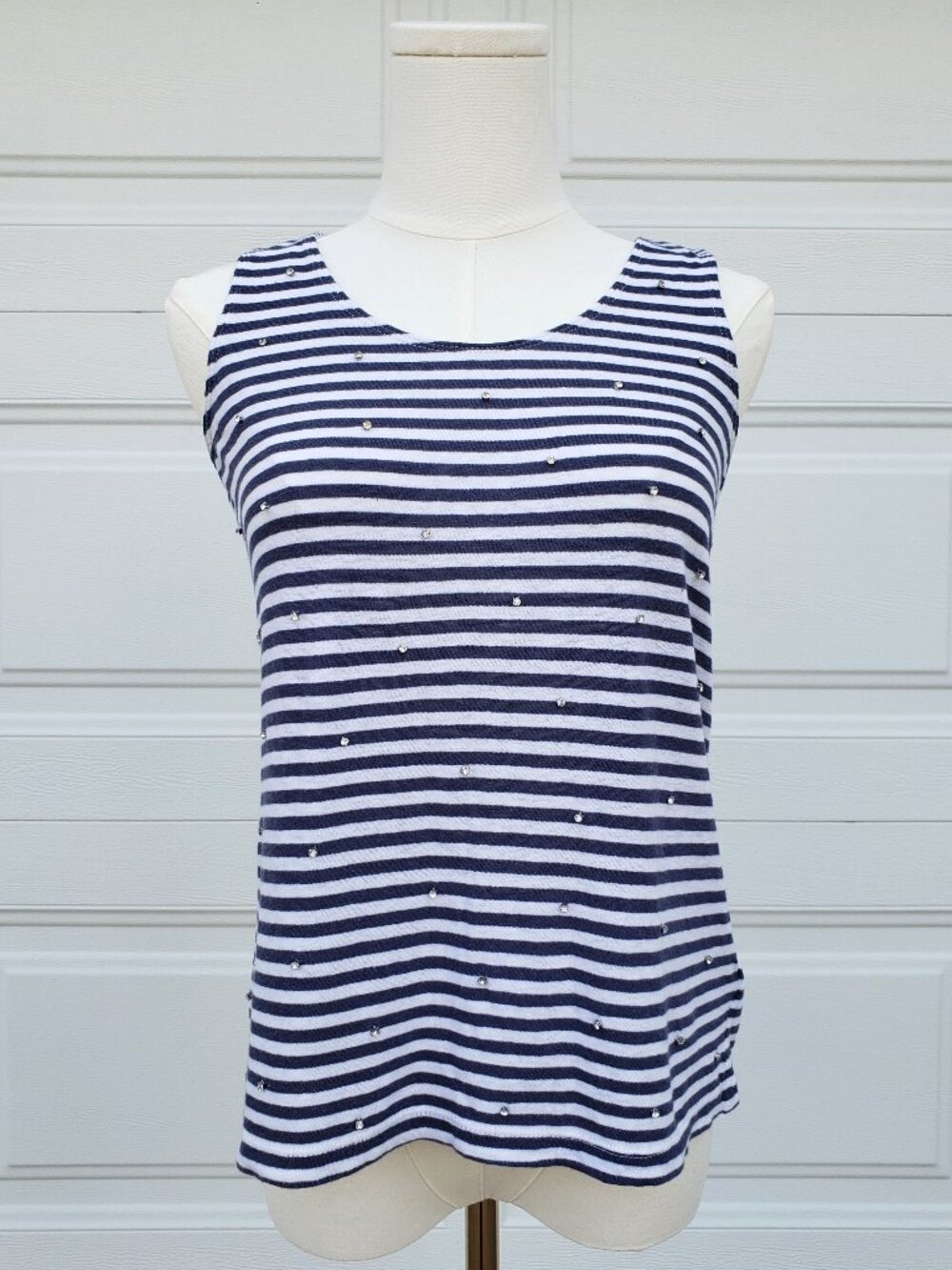 Saint Tropez West Linen Blue White Striped Sleeveless Top Embellished Tank S